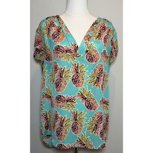All for Color Blue Pineapple Print V-Neck Short Sleeve Blouse Women L Tropical